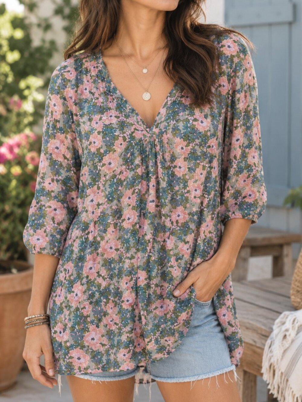 Natural Life Purple Blue Green Boho Floral Lightweight 100% Cotton Tunic Top